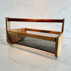 Handcrafted wooden garden trug with wire mesh basket