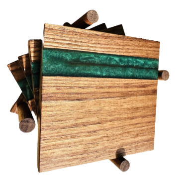 Set of four coasters made from Black Walnut wood and Epoxy Resin (Dark Ocean Green)