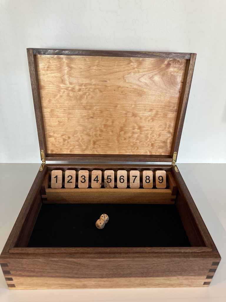 Handmade Shut-the-Box game made from Walnut, Birdseye Maple, and Ambrosia Maple