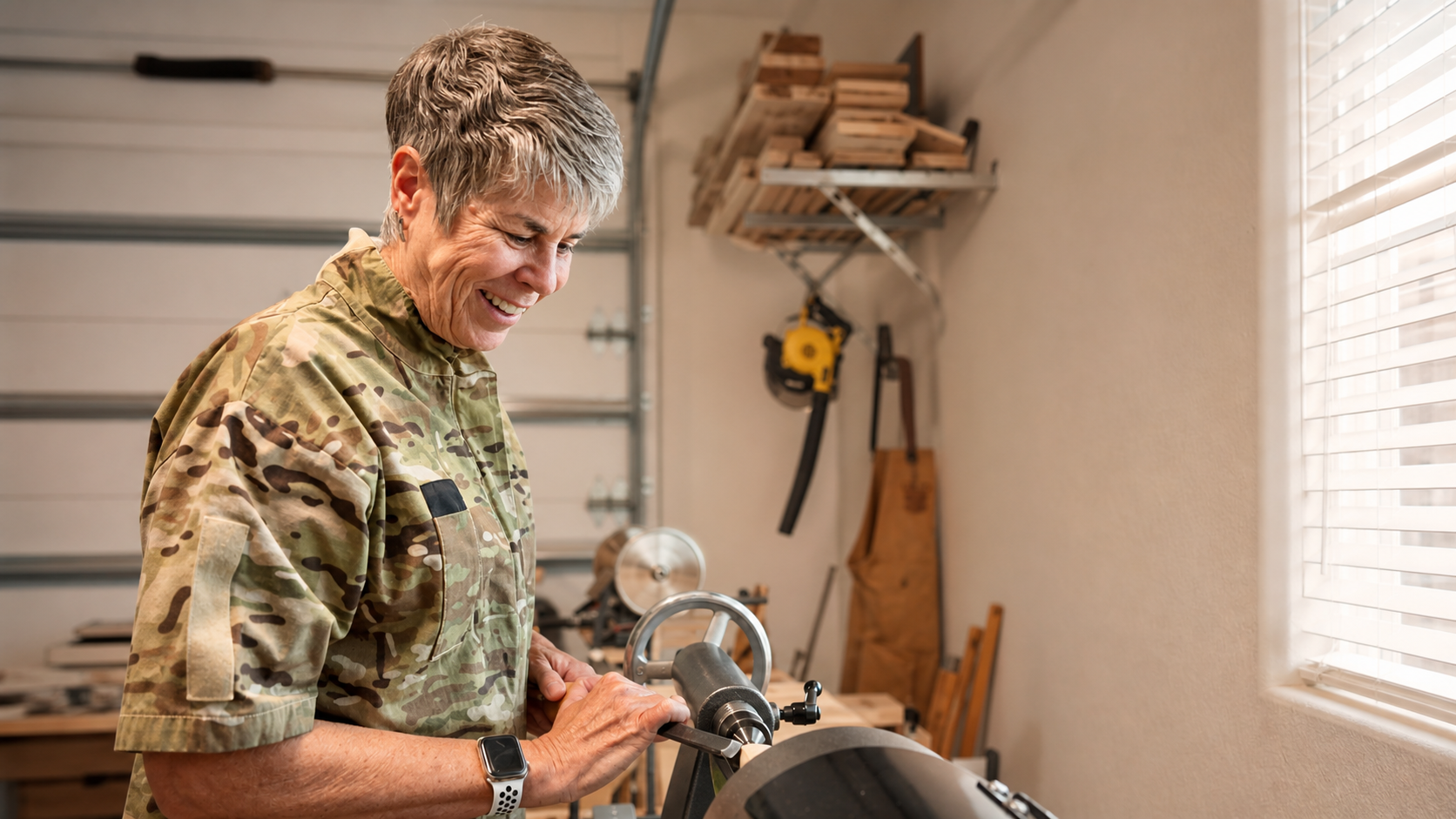 Woodturner Rogene Sears smiling while working at her lathe