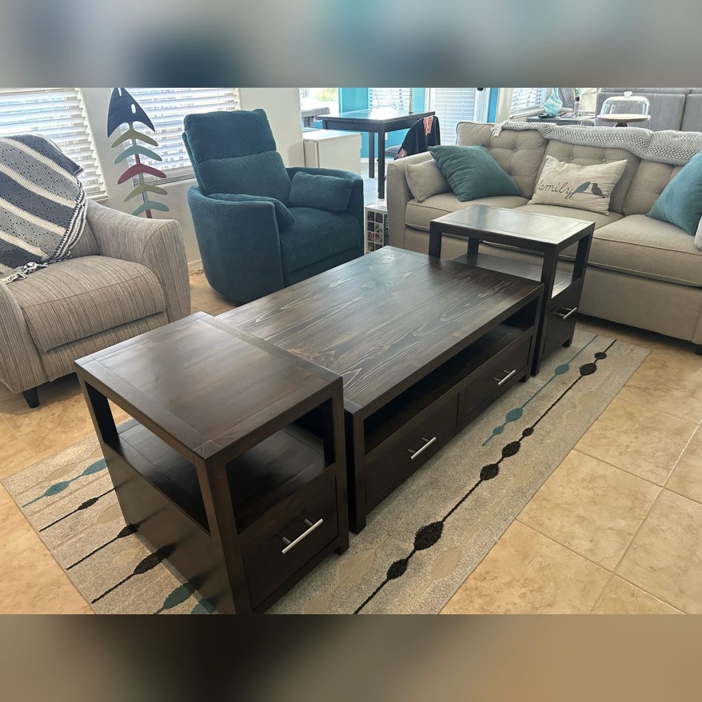 Joined by Craft custom coffee table and matching end tables in knotty alder and pine