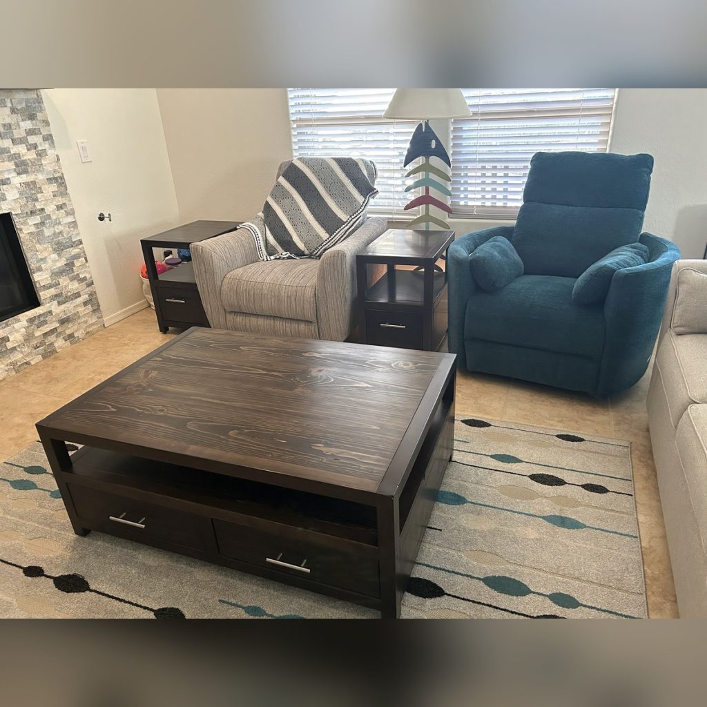 Joined by Craft coffee table and end tables shown together in the room