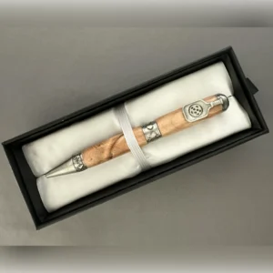 Maple pickleball pen with antique pewter hardware secured inside a black presentation box with white lining.
